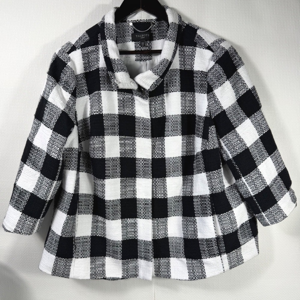 Talbots Woman Black White Buffalo Plaid Tweed Jacket 16W Funnel Neck 3/4 Sleeve